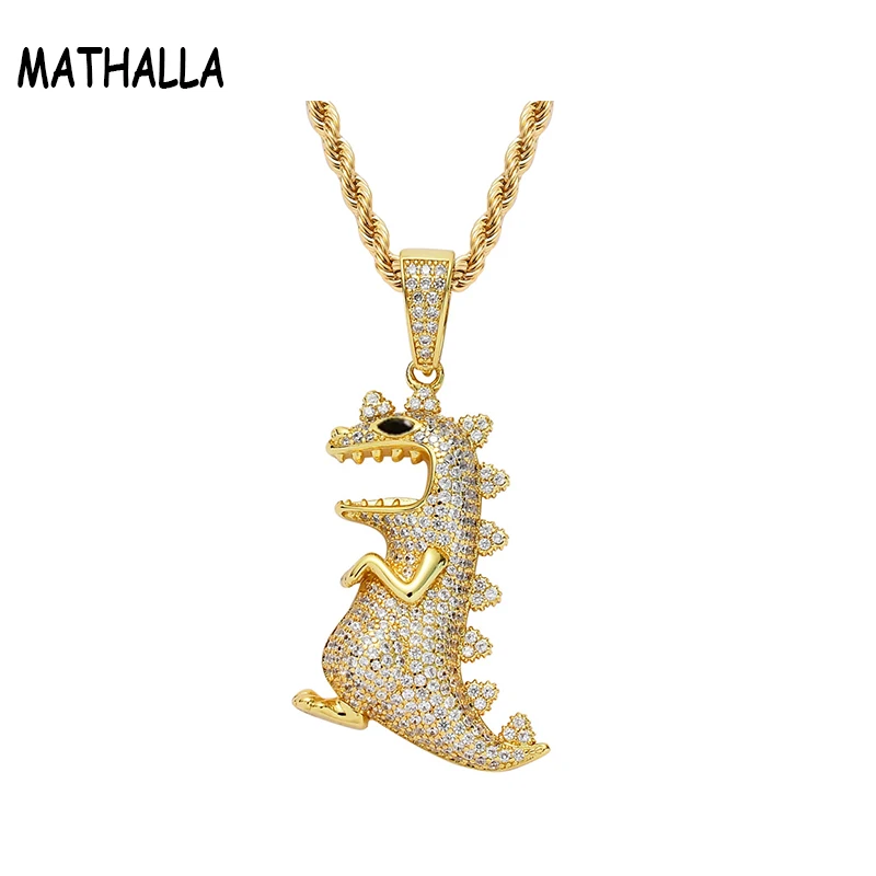 

MATHALLA Men's Hiphop Animal Dinosaur CZ Pendant Jewelry Iced Out Cubic Zircon Pendant Brass Copper Gold Chain Necklace Joyeria