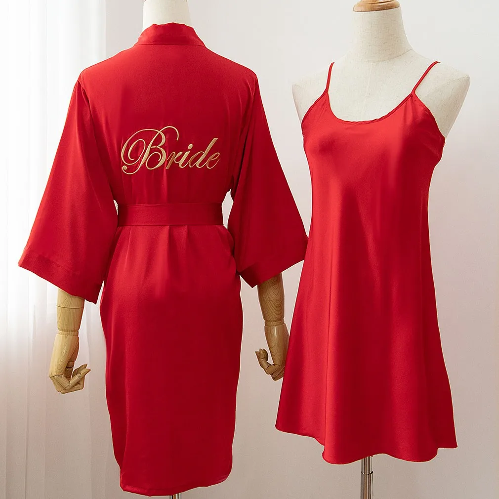 

Red Bride Bridesmaid Wedding Robe Set SILK Casual Satin Nightwear Bathrobe Gown Short Summer New Night Suit Home Clothing