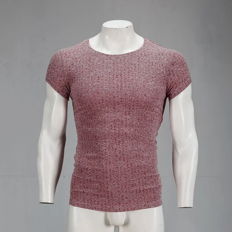 

2021 Summer Men's Sports Fitness Short-sleeved T-shirt Casual Slim Knit Sweater Tight-fitting Super Elastic Breathable T-shirt