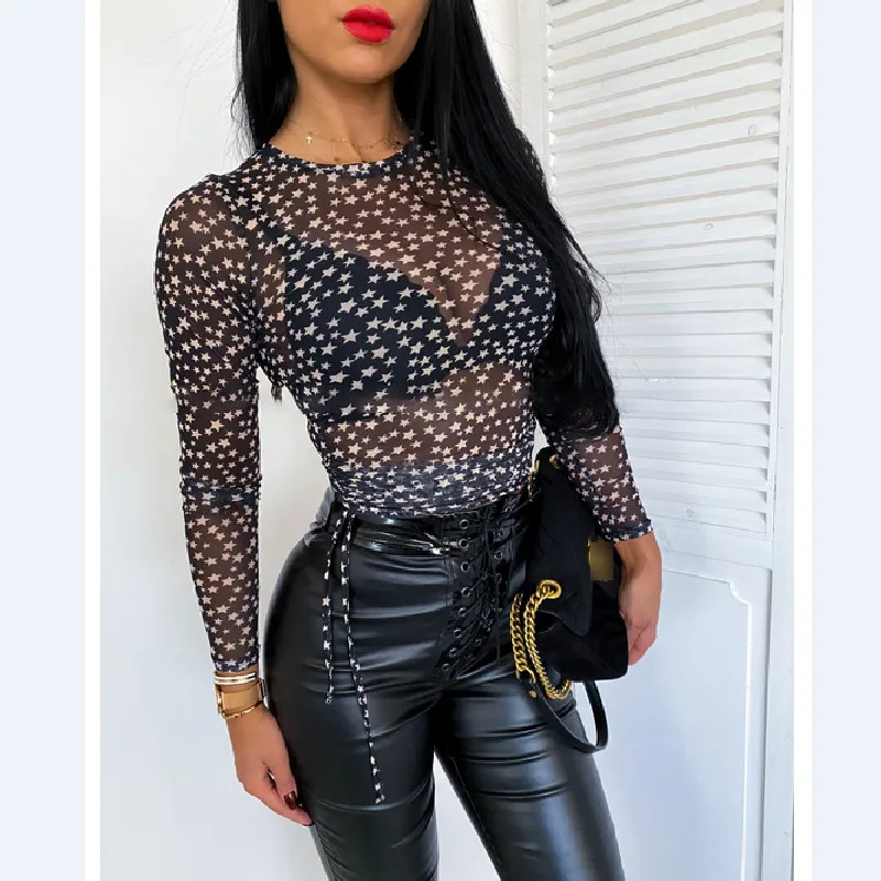 Женская прозрачная сетчатая блузка с длинным рукавом Одежда для клуба бикини |