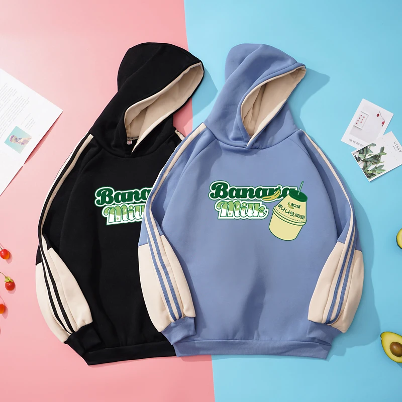 

Women's Sweatshirts y2k Kawaii Banana Milk Crative Printed Loose Spell Color Stitch Casual Fleece Harajuku Hoodies Woman Clothes