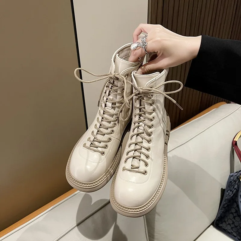 Winter platform boots Ladies sneakers High-top casual shoes Platform lace-up ankle boots Warm white Botas Mujer
