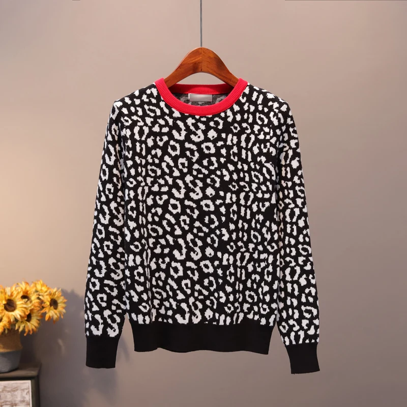 Женский жаккардовый свитер с леопардовым принтом свободный Мягкий трикотажный