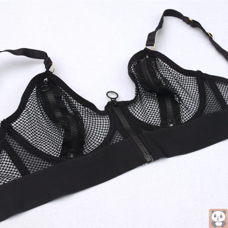 

2021 New Boutique Sexy Sexy Bra Hot Breast Zipper Transparent Mesh Hollow-out plus Size Bra