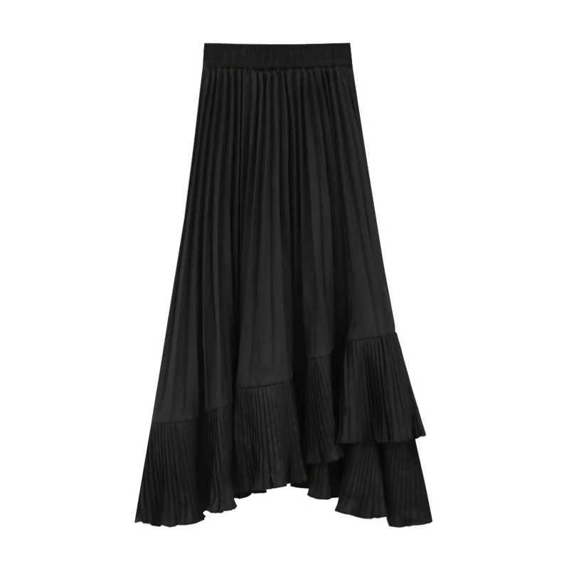 Vintage Irregular Long Skirt Fashion Women's Elastic Waist Autumn Skirts Ruffle Design Party Bottoms Women's Clothes New - Цвет: black