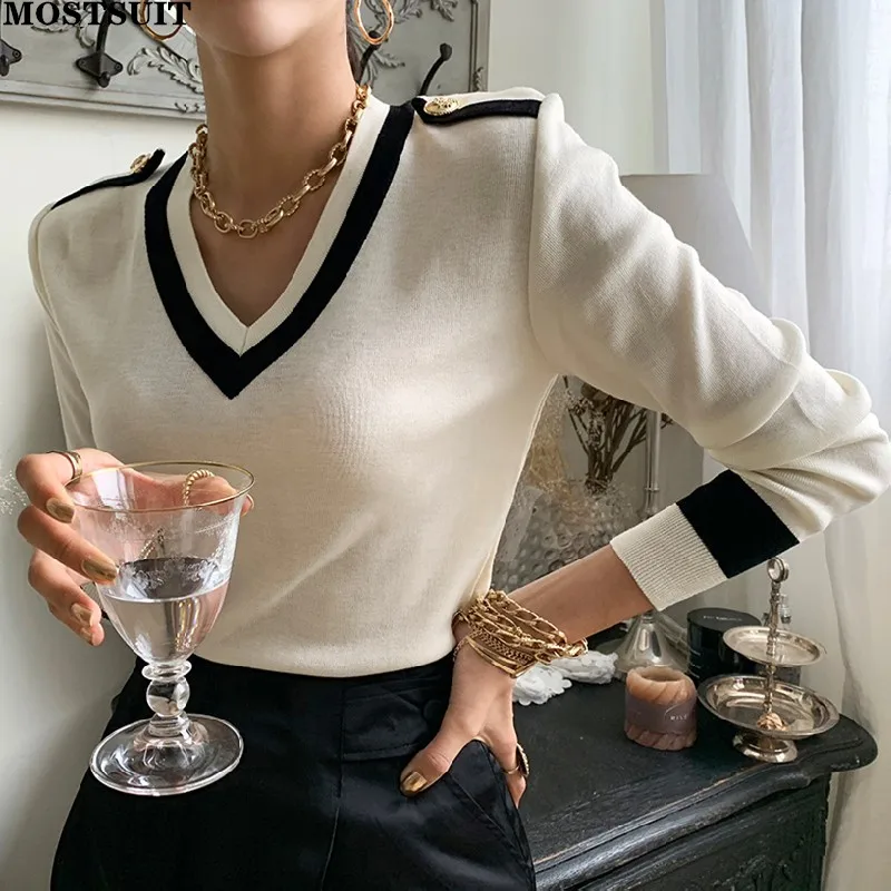 

Женский вязаный пуловер в стиле пэчворк, элегантный свитер с длинным рукавом и V-образным вырезом, Осень-зима 2022