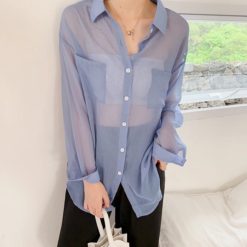 2020 lucency sunscreen shirt thin Blouse Shirt Women Summer Top long sleeve chiffon | Женская одежда