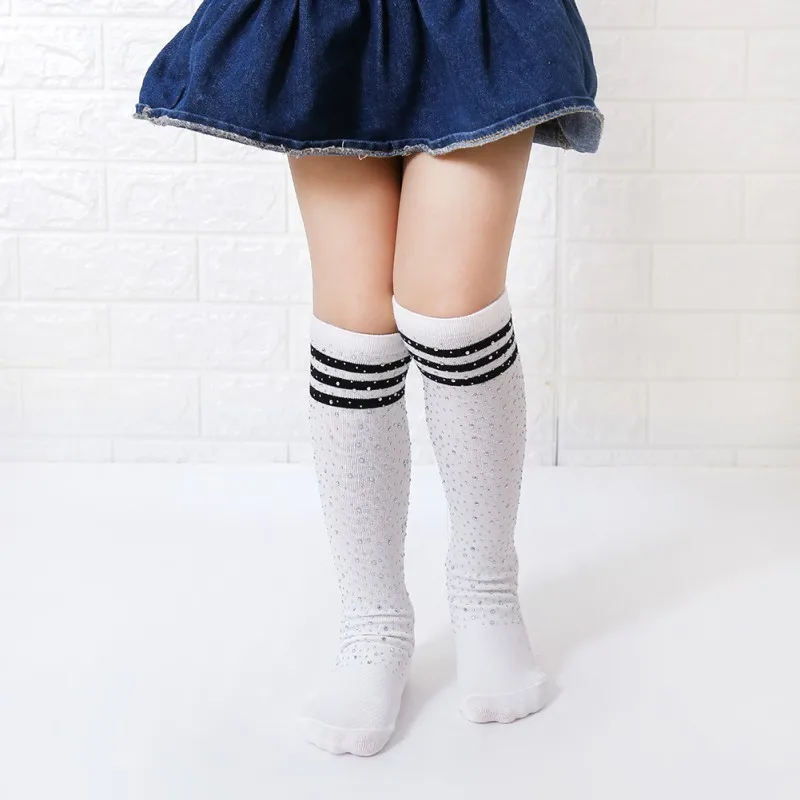 

Baby Girl Cute Socks Striped Print Rhinestone Design Long Socks Autumn Party Infant Children Soft Crib Leg Warmer