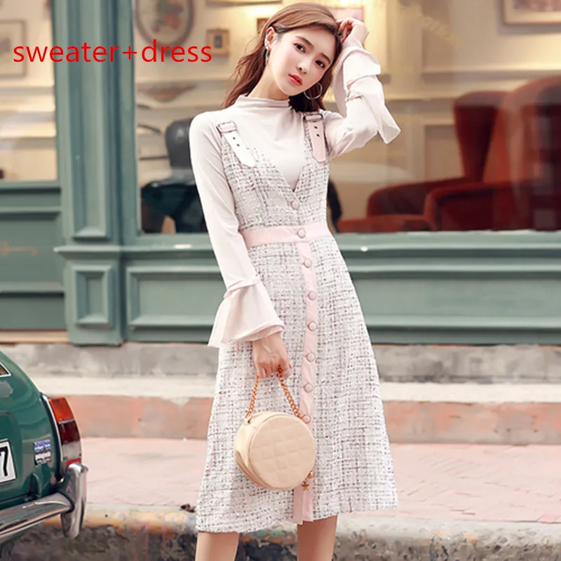 sweater and dress Женский осенне-зимний костюм из 2 предметов Женский вязаный пуловер, свитер, топ+ твидовое платье трапециевидной формы на бретелях женский элегантный костюм - Цвет: sweater and dress