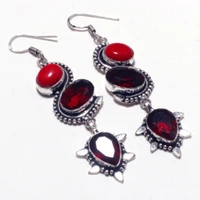 genuine coral garnet silver overlay on copper earrings hand made women jewelry gift e5366