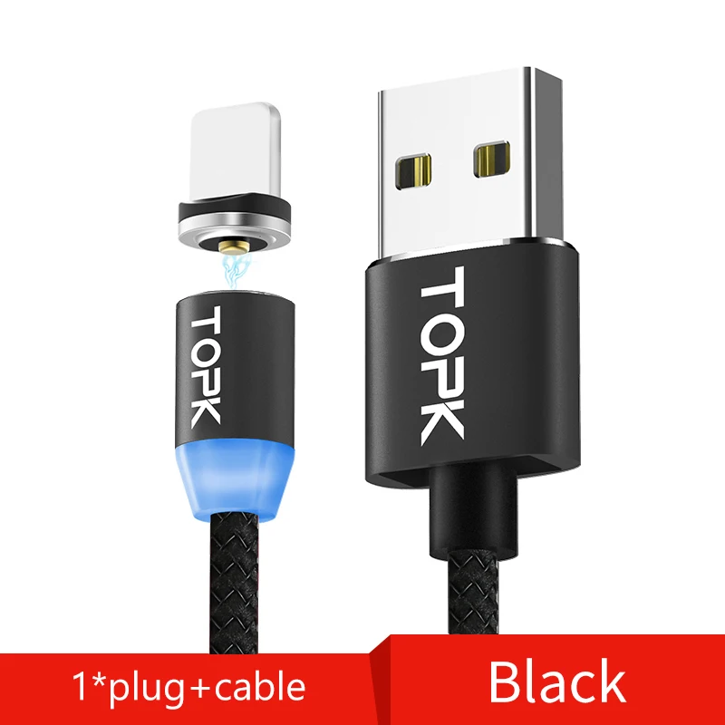 1 Plug 1 Cable Black TOPK 1 м светодиодный магнитный кабель для iPhone Xs Max Xr 8 7 6 магнитная зарядка usb type C кабель и Micro USB кабель для samsung Xiaomi huawei USB C - Цвет: 1 Plug 1 Cable Black