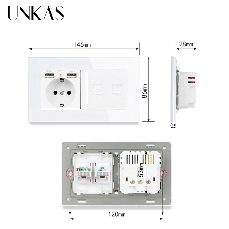 UNKAS кристальная закаленная панель настенная розетка стандарта ЕС с 2 usb-портом для