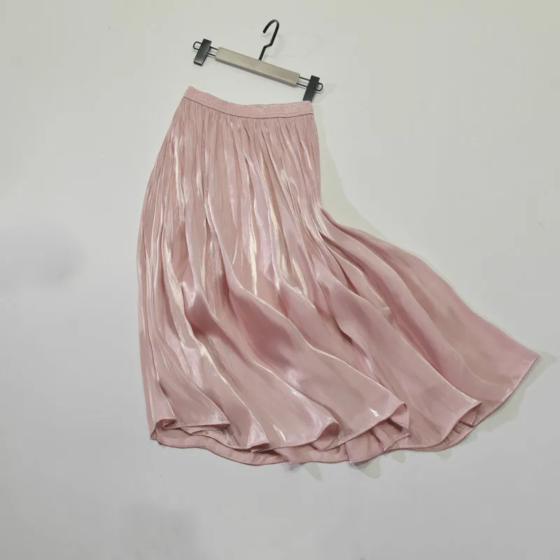 Женская плиссированная винтажная юбка черная шелковистая длинная блестящая