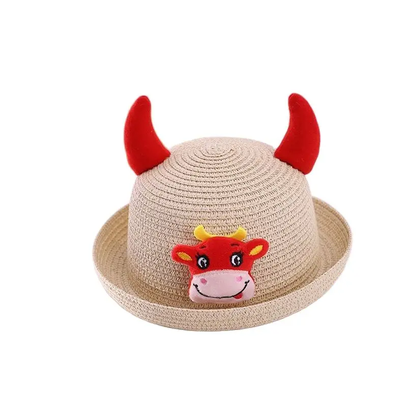 Korean Cute Cartoon Bull Horns Children Sun Hats Spring Summer Brand Flanging Beach Straw Hats For Boy Girl Kid Wide Brim Cap