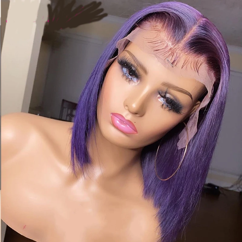 

Remy Natural Hairline Purple Colored Cut Short Bob Straight 13x4/6 Lace Front Wig With Baby Hair Human Hair Wig For Women