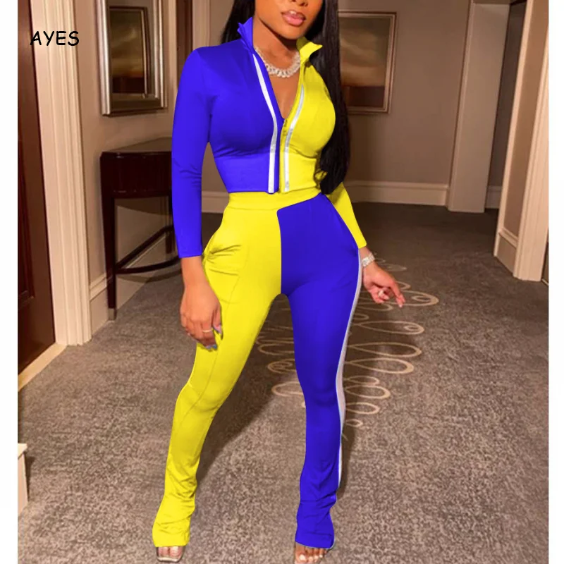 

4xl Plus Women Fall Clothes Tracksuits Patchwork Two Piece Sets Long Sleeve Zip Up Crop Top Slim Pants 2 Piece Matching Set Suit