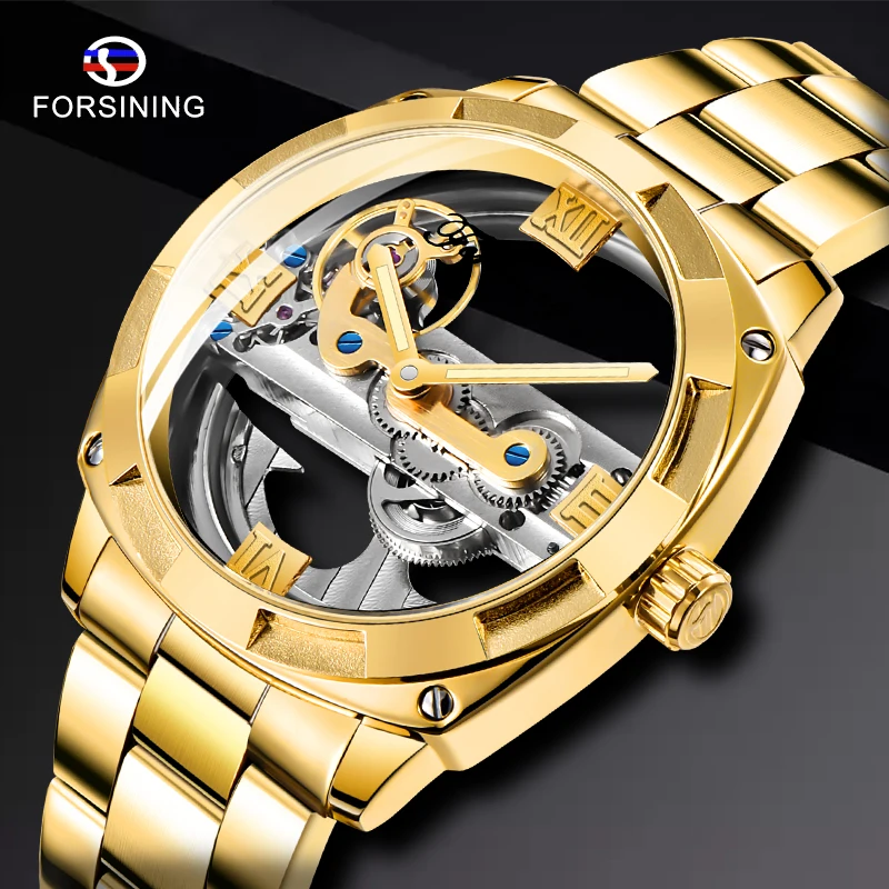 Часы наручные Forsining Мужские механические прозрачные золотистые автоматические
