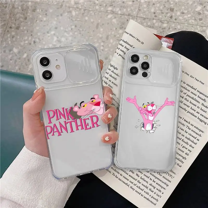 

Pink Panther Phone Case transparent For iPhone 7 8 11 12 X XS XR MINI Pro Max Plus Slide Camera Lens Protect