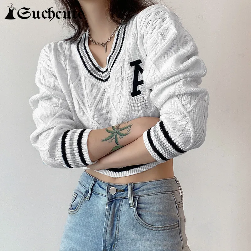 

SUCHCUTE Letter Print Stripe College Style White Women Short Sweaters Winter V Neck Casual Fashion Streetwear Girl Knitted Tops