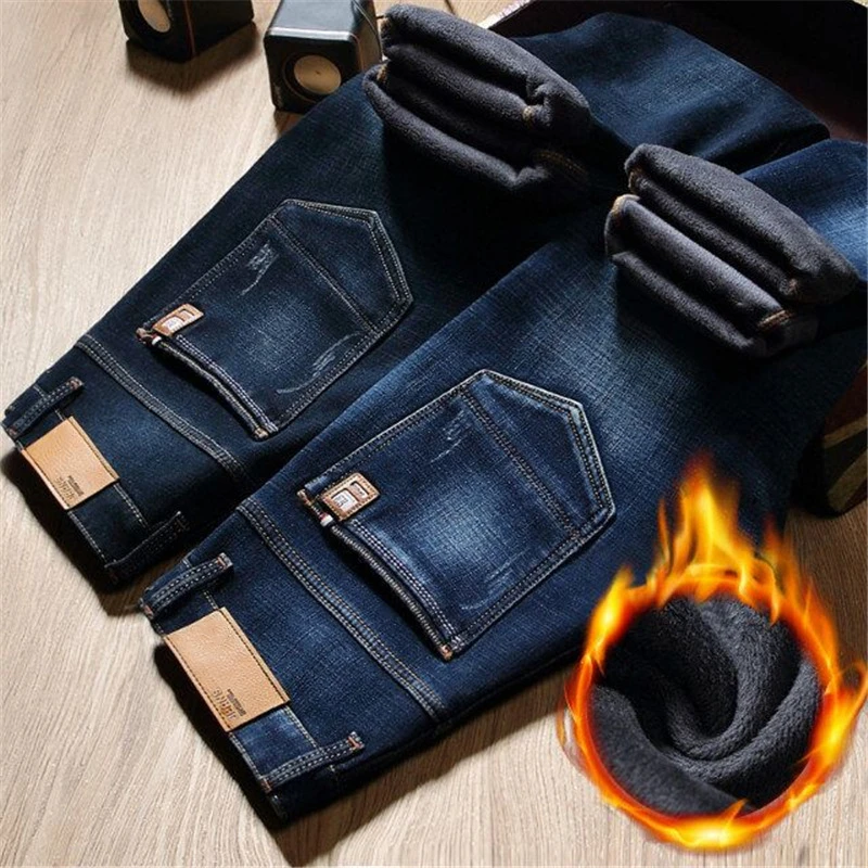DIMI Classic Casual Denim Fleece Trousers Male Blue Winter Jeans Mens Slim Fit Thick Velvet Pants Warm Men Skinny Cowboy