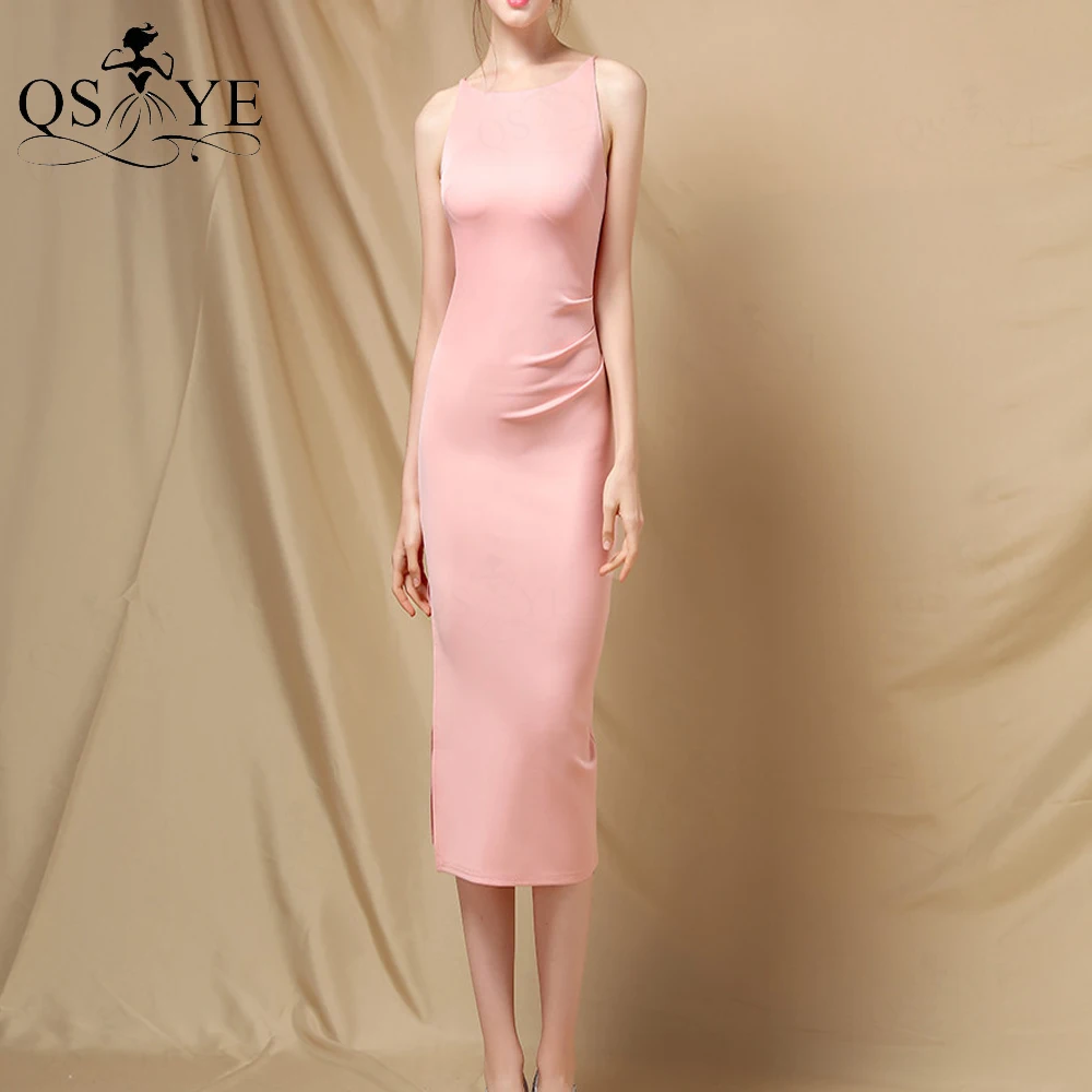 

Scoop Neck Pink Prom Dress Side Split Evening Gown Stretch Ruched Girl Party Gown Sleeveless Sheath Formal Women Dress Casual