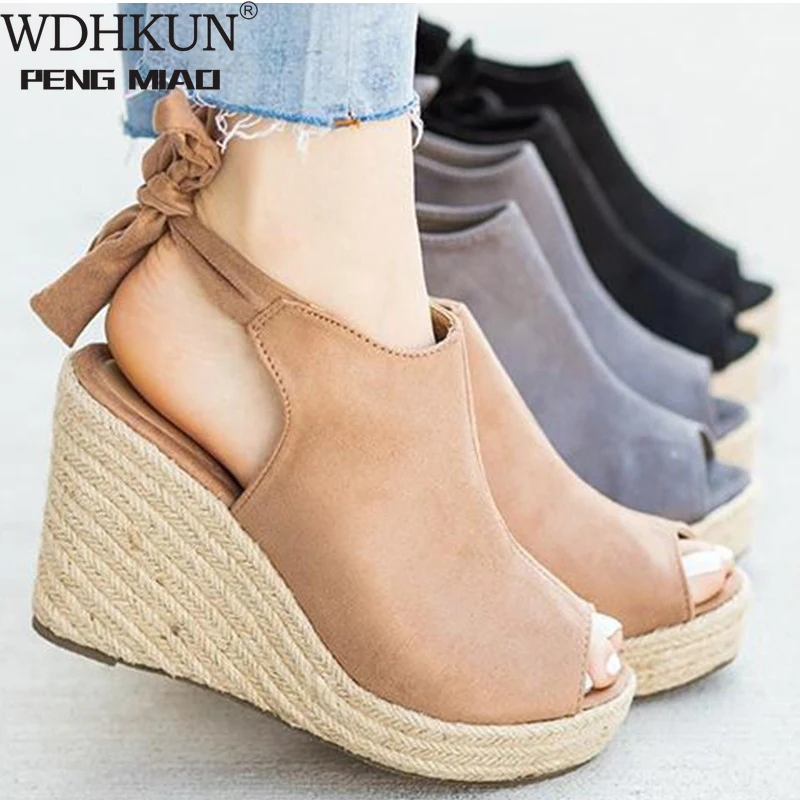 

Ladies Shoes 2021 Woman Sandals Wedges Hemps Peep Toe Back Strap Platform High Heels Suede Leather Female Footwear Summer Pumps