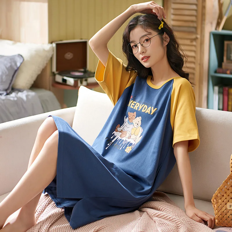 2021 New Nightdress Women's Summer Cotton Nightgown Short Sleeve Cute Nightwear Thin Home Clothes Sleepwear Sleeping Dress