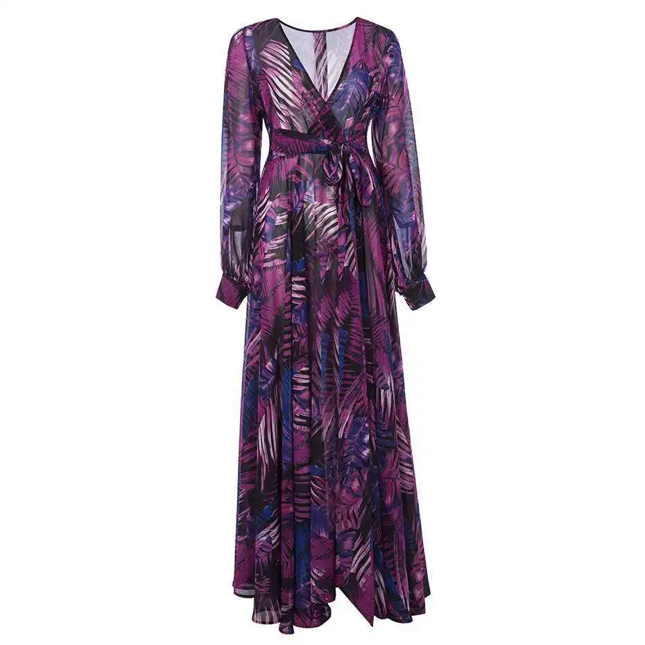 

2021 New Boho Long Sleeve Dresses Women Summer Vintage Female Maxi Dresses Sexy V-Neck Belt Party Plus Size Dress Beach Sundress