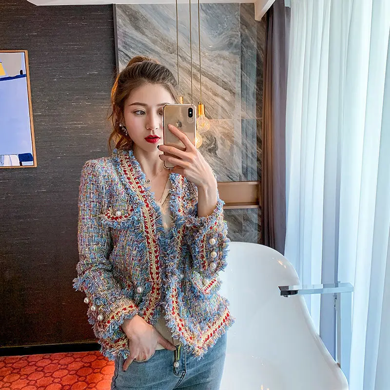 

Luxury High Quality Wool Blends Coat for Women Fashion Blue Green Vintage V-Neck Woolen Tweed Coat Winter Jacket Female Y825