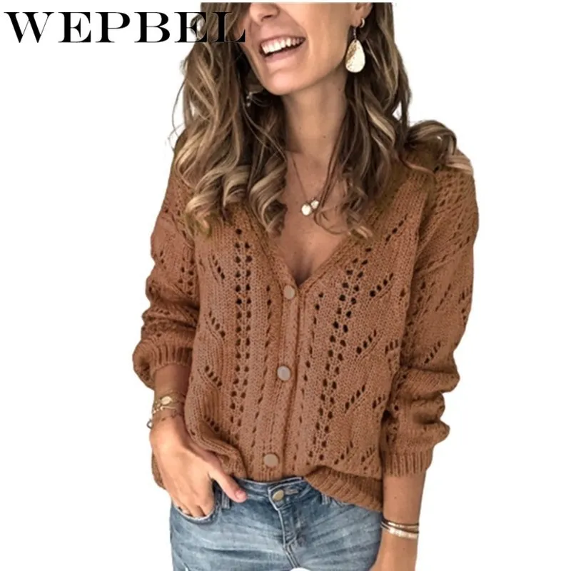 

WEPBEL Women Hollow Out Sweater Cardigan V Neck Long Sleeve T-Shirt Autumn Winter Loose Single Breasted Sweater Knitted Cardigan