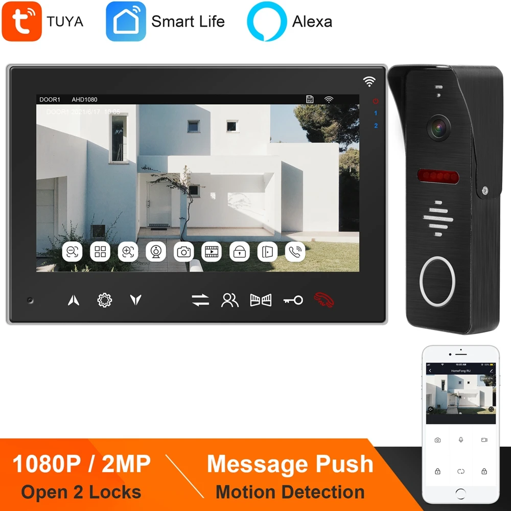 

Tuya Alexa Video Door Phone for Home Smart WiFi Intercom Doorbell Camera with Monitor APP Motion Detect Record Talk Open 2 Locks