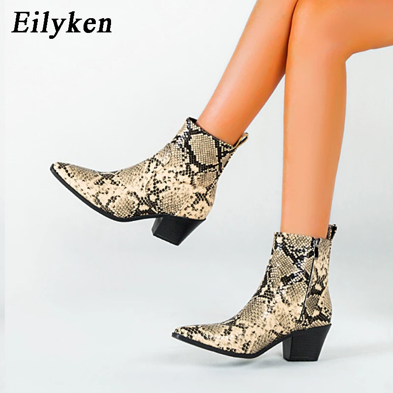 Eilyken г. Новые зимние женские сапоги с круглым носком и змеиным принтом модные сапоги для вечеринок сапоги для верховой езды, большие размеры 36-43