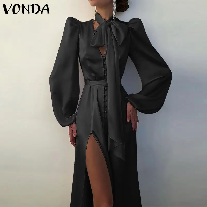 

Женское повседневное однотонное платье-рубашка средней длины с высокой талией и длинным рукавом VONDA 2022, сексуальное богемное платье с V-обра...