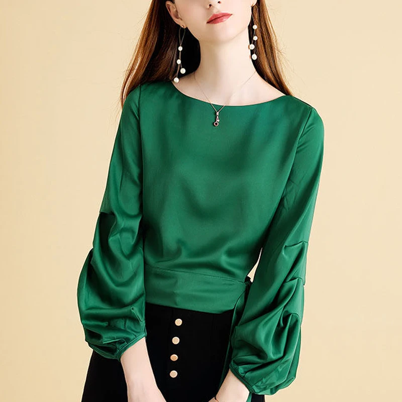 Женская свободная рубашка с длинным рукавом-фонариком и круглым вырезом | одежда