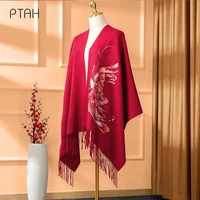 ptah wool scarves for women thicker cashmere shawl wrap autumn winter warm temperament embroidery large scarf ladies 20060cm