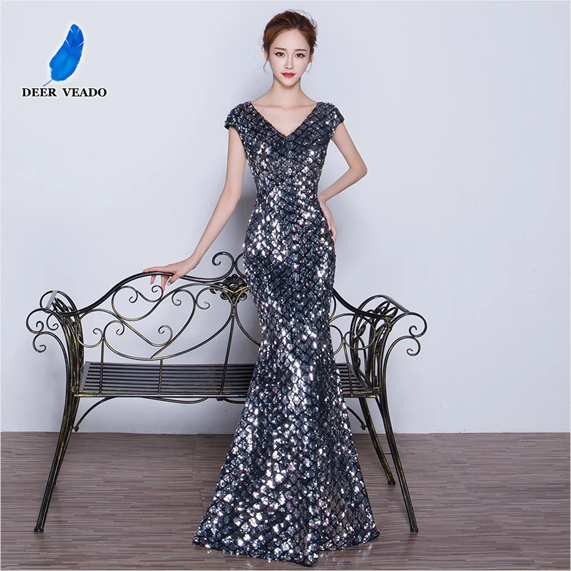 

DEERVEADO Sexy V Neck Sequins Mermaid Evening Dress Party Dresses Formal Occasion Dress Evening Gown Robe De Soiree XYG838