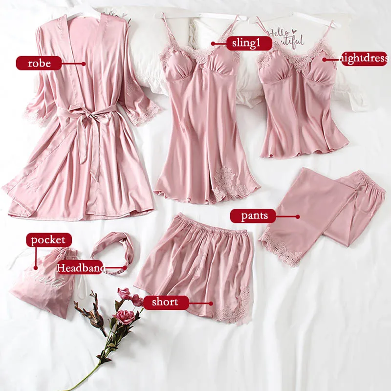 Новинка 7 шт. одежда для сна розовый вечерний комплект с платьем атласное