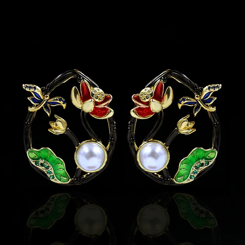 

Creative design craftsmanship inlaid crystal pearl retro enamel porcelain fresh lotus earrings ladies silver jewelry