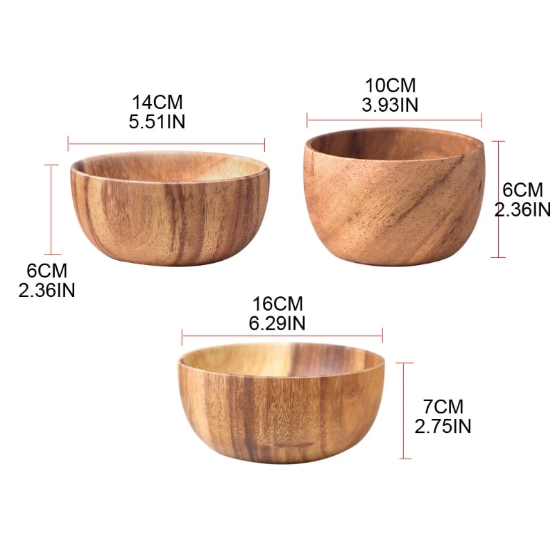 

Natural Acacia Wood Bowl Wood Grain Basin Fruit Plate Rice Ramen Salad Container