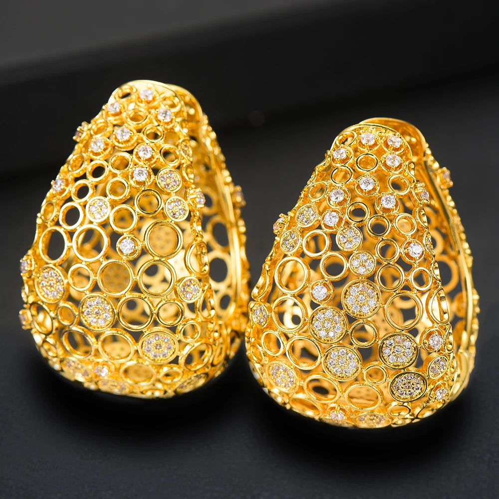 GODKI Luxury Hollow Fat/Wide Chic Hoop Earrings For Women Earrings Jewelry Charms Elegant Full Mirco Cubic Zircon Dubai Wedding