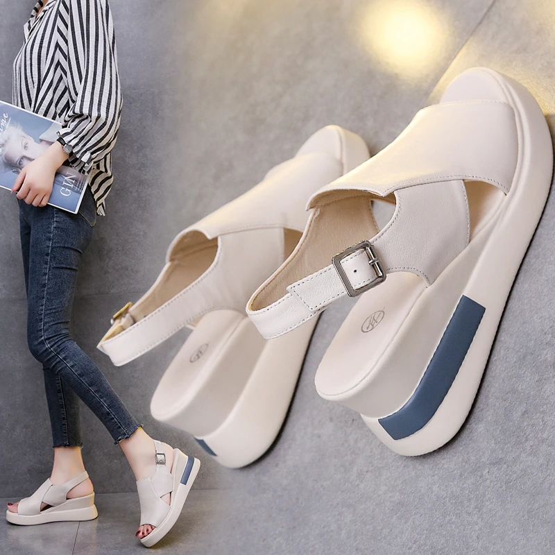 

Slope heel sandals women's summer 2021 new fish mouth waterproof platform one line buckle high heeled shoes with thick soles