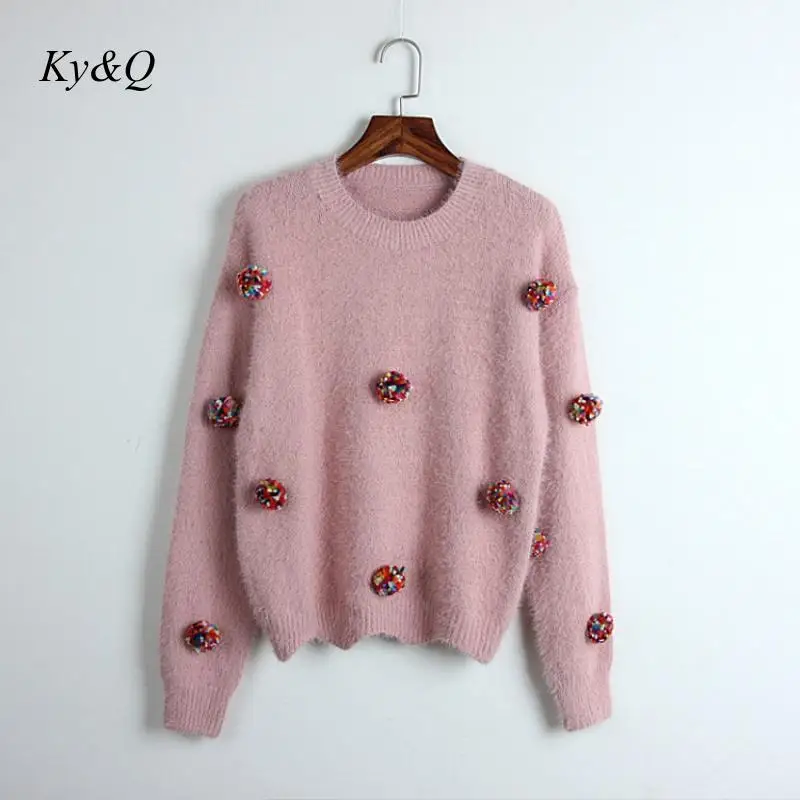 Brand Design Kawaii Kint Pink O-neck Pullover Sweater Colored Wool Ball Decoration Jumper Women Clothes Tide 2019 Winter Tops | Женская