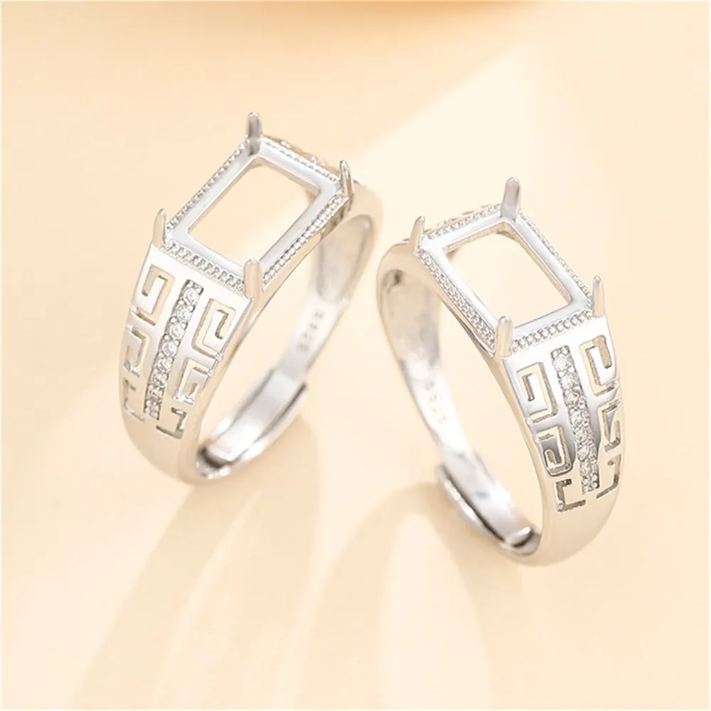 Ring Setting for 7x10mm Rectangle Cabochons Ring Blank White Gold Plated 925 Silver Zircon Adjustable Ring Base SR0153