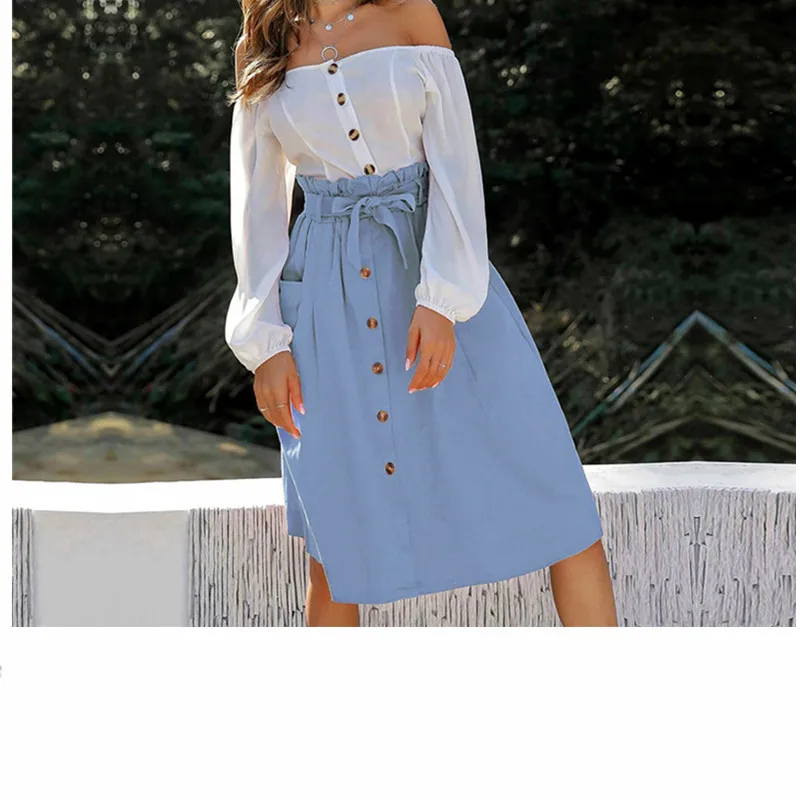 Fashion Women Casual Skirt Frily Ruffles High Waist Skirts For Woman Button Design Solid Color Bowknot Plus Size | Женская одежда