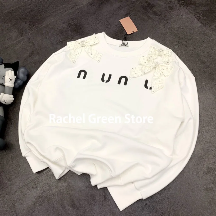 

2021 Autumn Handmade Bowknot Sweathirt Thick cotton All Handmade Beaded with Logo Printed Letters hoodies women anime hoodie