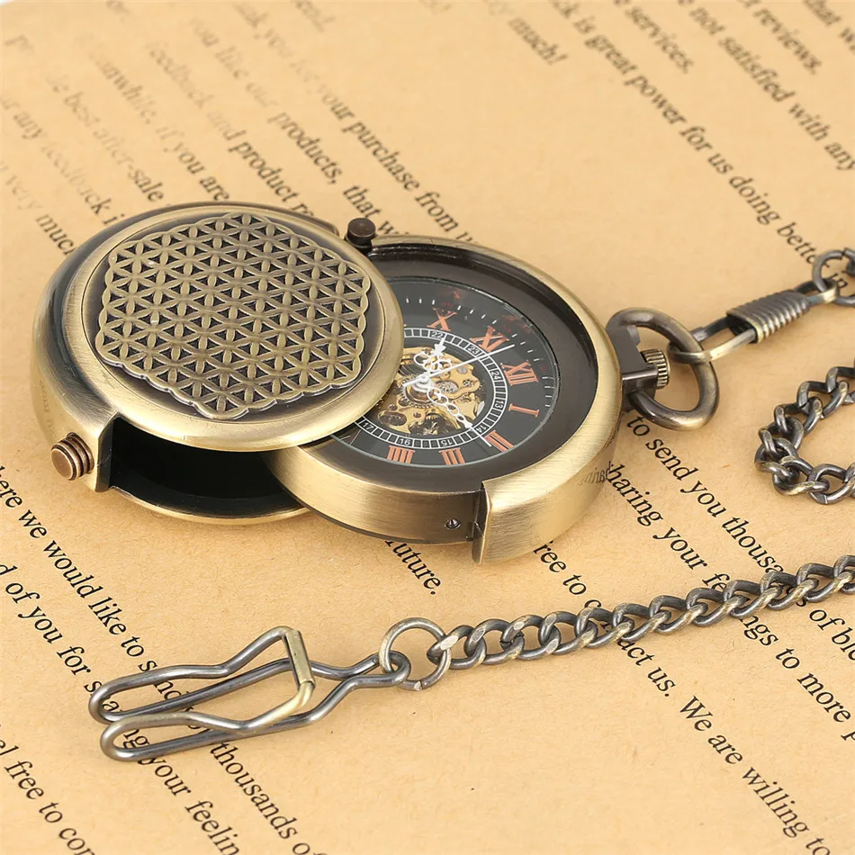 

Hexagon Mesh Bronze Rotable Hunter Hand Winding Mechanical Antique Pendant Clock Roman Numerals Display Pocket Watches Fob Chain