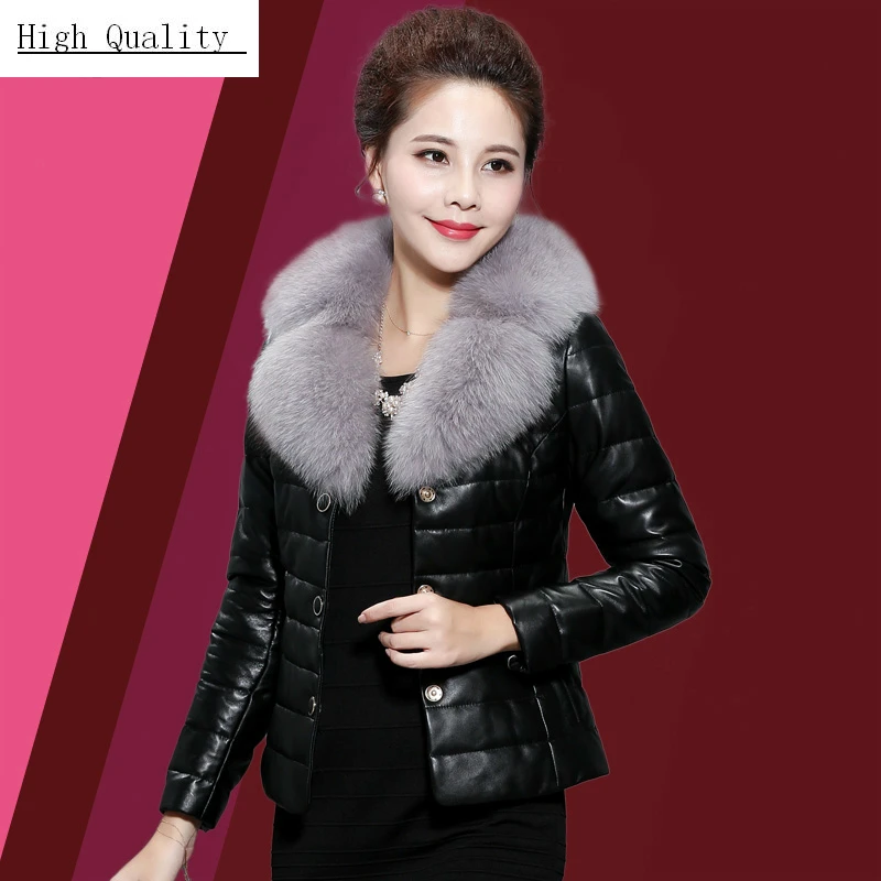 Женская зимняя куртка из натуральной кожи женский пуховик с воротником