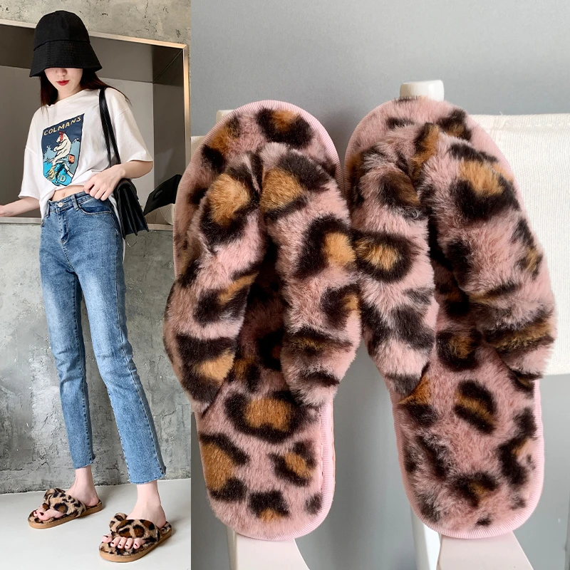 New Herringbone Leopard Print Plus Velvet To Keep Warm, Plush Fashion, Outdoor Wear Indoor Flat-bottomed Non-slip Slippers Women