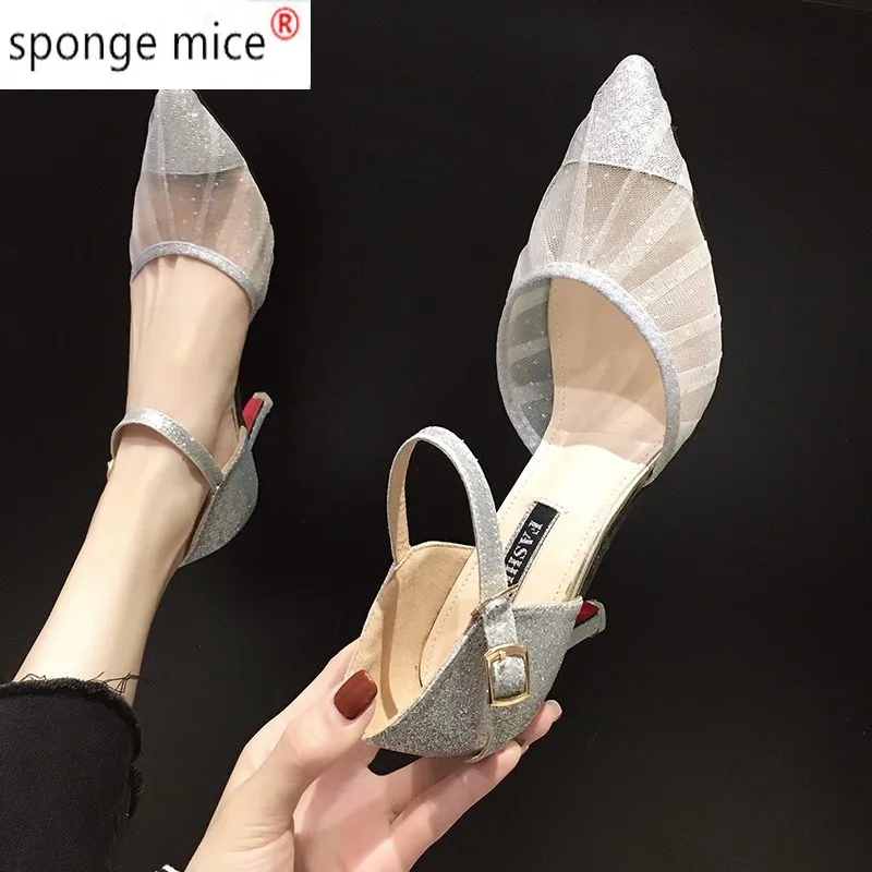 

Bling Wedding Breathable Mesh Pointed Toe Cover Heels Woman Pumps Net Celebrity Glitter Thin High Heels Shoes Women Sandals 2021