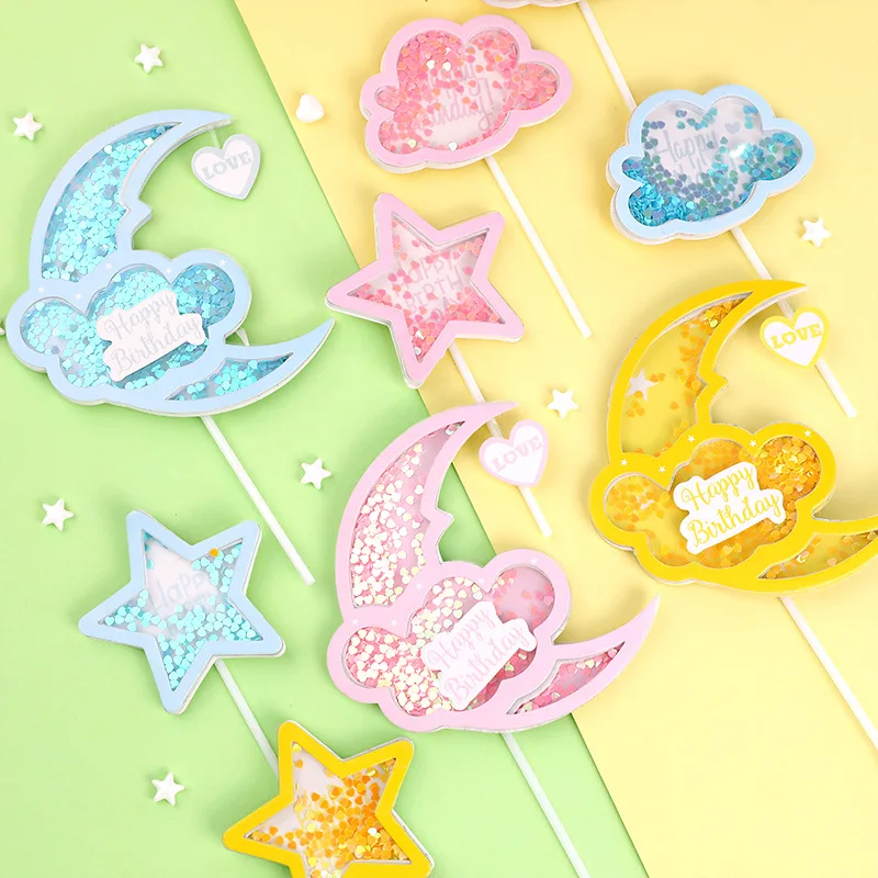 

Baked cake decoration sequins moon stars birthday cake plug-in birthday decoration party pink clouds card